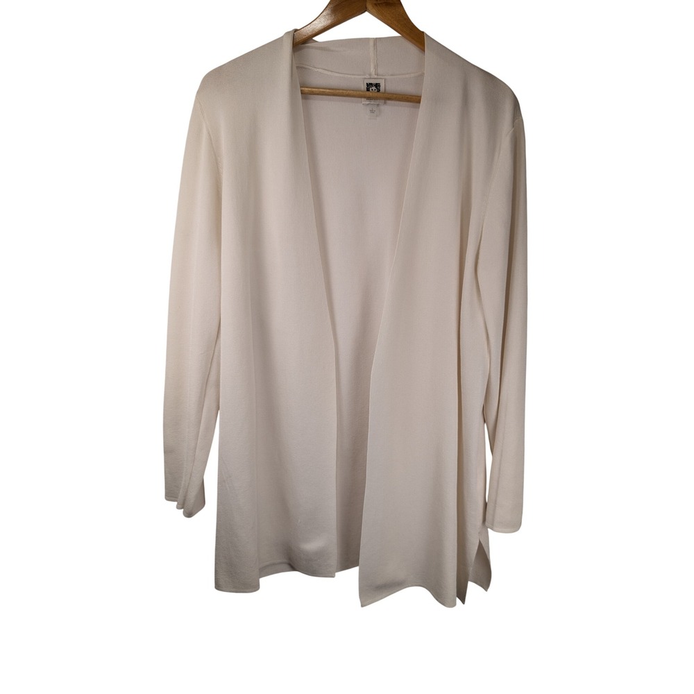 Anne Klein Women Ivory Open Front Cardigan Ribbed Knit Long Sleeve Size L